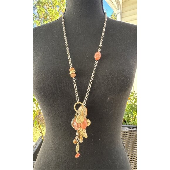 Chicos Peach Silver Gold Tone Long Rope Link Chain Statement Necklace NEW - Picture 1 of 12